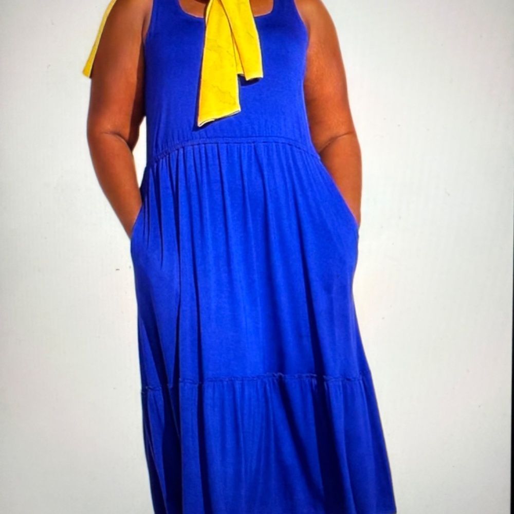 Sleeveless Knit Midi Dress Shirred Hem Detail, Royal Blue, Women’s 3X Petit